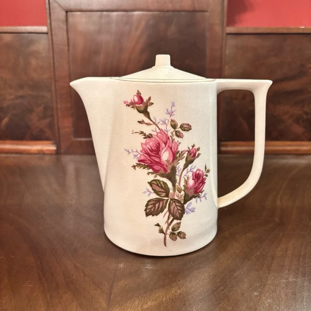 Vintage Japan Porcelain Coffee Pot Teapot Floral Rose Gold Trim Lid 5